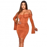 Orange Off-Shoulder Long Sleeve Slim Bandage Sexy Mini Dress