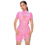 Pink Short Sleeve Mesh Rhinestone Bodycon Sexy Tassels Clubwear