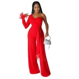 Red One Sleeve Feather Bodycon Belted Women Fashion Jumpsuit