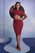 Red Mesh Long Sleeve Pleated Slim Sexy Club Midi Dress
