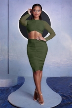 Green Mesh Long Sleeve Pleated Slim Sexy Club Midi Dress