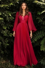 Red Mesh Long Sleeve Low-Cut V-Neck Chiffion Women Maxi Dress