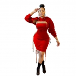 Red Long Sleeve Hollow-Out Bandage Women Sexy Mini Dress