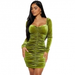 Green Long Sleeve Low-Cut Velvet Bandage Mini Dress
