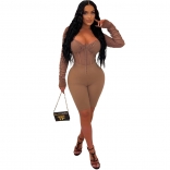 Khaki Low-Cut Long Sleeve Mesh Bodycon Sexy Party Rompers