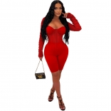 Red Low-Cut Long Sleeve Mesh Bodycon Sexy Party Rompers