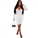White Low-Cut Long Sleeve Mesh Bodycon Sexy Party Rompers