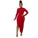 Red Long Sleeve O-Neck Pleated Bodycon Sexy Maxi Dress