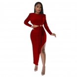Red Long Sleeve Hollow-out Fashion Slit Women Midi Dress