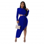 Blue Long Sleeve Hollow-out Fashion Slit Women Midi Dress