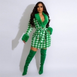 Green Long Sleeve Deep V-Neck Woolen Printed Fashion Women Coat