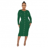Green Long Sleeve Chains Button Cotton Women Slim Midi Dress