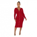 Red Long Sleeve Chains Button Cotton Women Slim Midi Dress