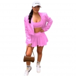 Pink Long Sleeve Low-Cut Fashion 3PCS Skirt Dress Sets