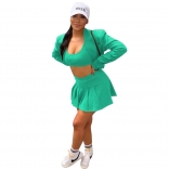 Green Long Sleeve Low-Cut Fashion 3PCS Skirt Dress Sets