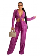 Purple Long Sleeve Deep V-Neck Fashion Pleated Sexy Women Jumpsuit