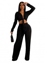 Black Long Sleeve Deep V-Neck Fashion Pleated Sexy Women Jumpsuit