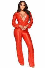 Red Deep V-Neck Long Sleeve Pleated Silk Fashion Women Jumpsuit