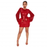 Red Feather Long Sleeve O-Neck Sequin Bodycon Sexy Mini Dress
