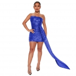 Blue Off-Shoulder Sequin Bodycon Women Party Sexy Dress