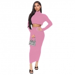 Pink Cotton Long Sleeve 2PCS Hight Necks Women OL Midi Dress