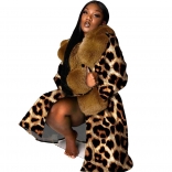 Khaki Leopard Long Sleeve Fashion Women Printed Feather Out Coat