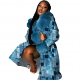 Blue Long Sleeve Fashion Women Printed Feather Out Coat