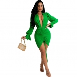 Green Long Sleeve Deep V-Neck Pleated Bandage Sexy Mini Dress