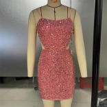 Pink Sleeveless Halter Low-Cut Sequin Sexy Mini Dress
