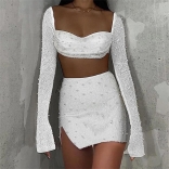 White Long Sleeve V-Neck Low-Cut Beading 2PCS Sexy Mini Dress