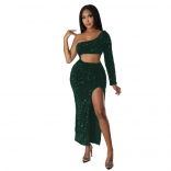 Green One Long Sleeve Sequin Hollow-out Bodycon Maxi Dress