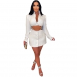 White Button V-Neck Long Sleeve Fashion Chains Rhinestone Party Mini Dress