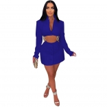 Blue Button V-Neck Long Sleeve Fashion Chains Rhinestone Party Mini Dress