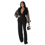 Black Mesh Long Sleeve Forals Deep V-Neck Bodycon Women Sexy Jumpsuit