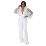 White Mesh Long Sleeve Forals Deep V-Neck Bodycon Women Sexy Jumpsuit