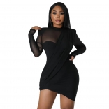 Black Mesh Long Sleeve Low-Cut V-Neck Pleated Bodycon Mini Dress
