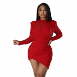Red Mesh Long Sleeve Low-Cut V-Neck Pleated Bodycon Mini Dress