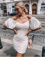White Low-Cut Fashion Chiffion Women Point Mini Dress
