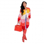 Red Long Sleeve Cotton Printed Kniting Women Sweater Coat