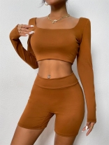 Brown Long Sleeve Low-Cut Bodycon Sexy Party Short Sets