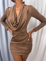 Khaki Long Sleeve Roll Deep V-Neck Pleated Women Mini Dress