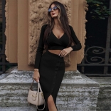 Black Long Sleeve V-Neck Cotton Hight Stretch Button Sexy Women Midi Dress