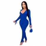 Blue Low-Cut V-Neck Bandage Long Sleeve Bodycon Sexy Jumpsuit