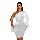 White One Long Sleeve Mesh Rhinestone Bodycon Deep V-Neck Sexy Mini Dress