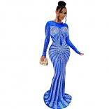 Blue Mesh Rhinestone Long Sleeve Bodycons Sexy Evening Party Maxi Dress