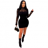 Black Long Sleeve Hollow-out Bandage Sexy Mini Party Dress