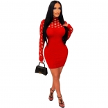 Red Long Sleeve Hollow-out Bandage Sexy Mini Party Dress