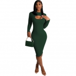 Green Long Sleeve Hollow-out Cotton Fashion Women Midi Dress