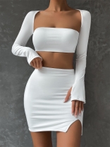 White Long Sleeve Sexy 2PCS Women Mini Party Dress