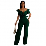 Green Foral Low-Cut V-Neck Bodycon Belt Fashion Women Jumpsuit Dress